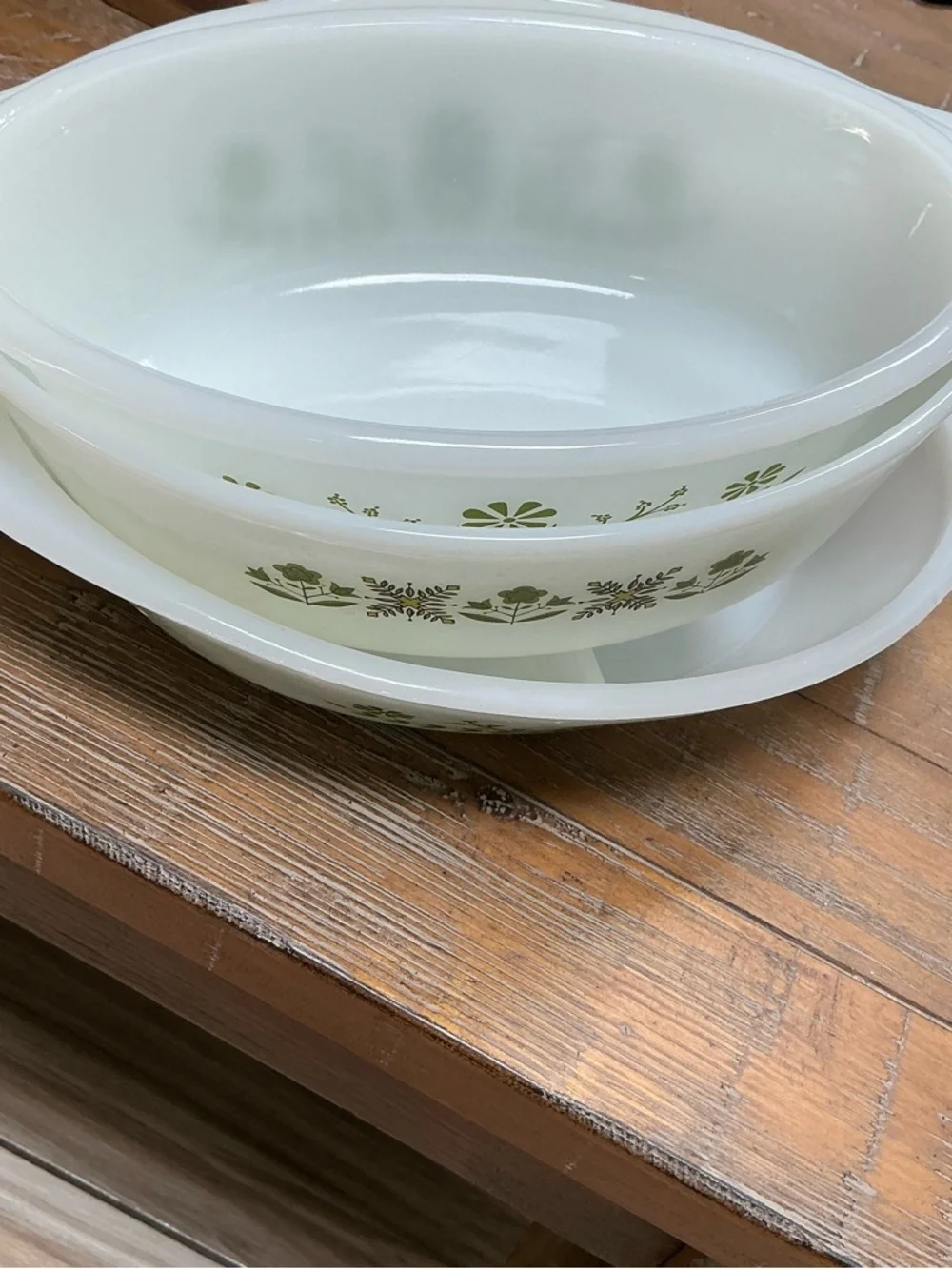 Vintage Green Daisy Casserole Floral Pattern White Milk Glass Serving Bowls Set3